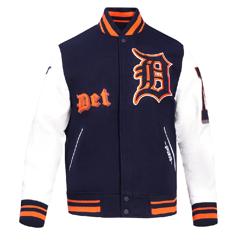 MLB DETROIT TIGERS OLD ENGLISH MEN'S RIB WOOL VARSITY JACKET (MIDNIGHT NAVY/ORANGE/MIDNIGHT NAVY)