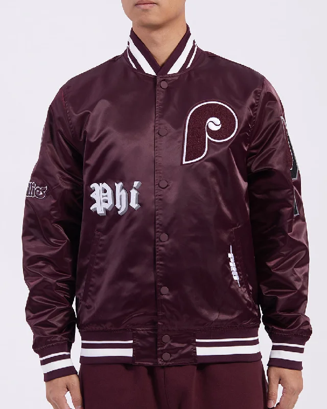 MLB PHILADELPHIA PHILLIES RETRO OLD ENGLISH MEN'S RIB SATIN JACKET (WINE)