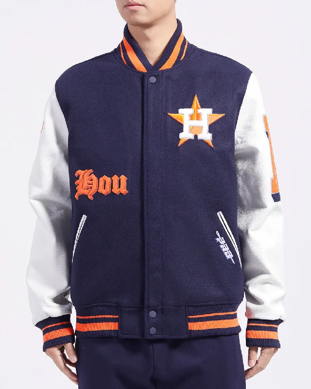 MLB HOUSTON ASTROS OLD ENGLISH MEN'S RIB WOOL VARSITY JACKET (MIDNIGHT NAVY/ORANGE/MIDNIGHT NAVY)