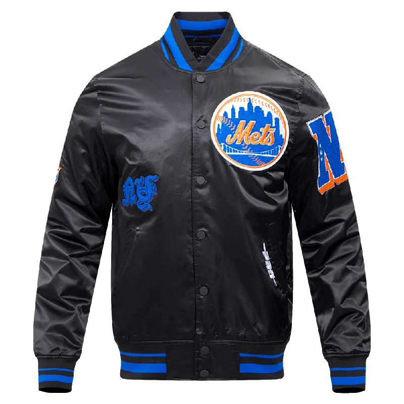 MLB NEW YORK METS OLD ENGLISH MEN'S RIB SATIN JACKET (BLACK/ROYAL BLUE/BLACK)