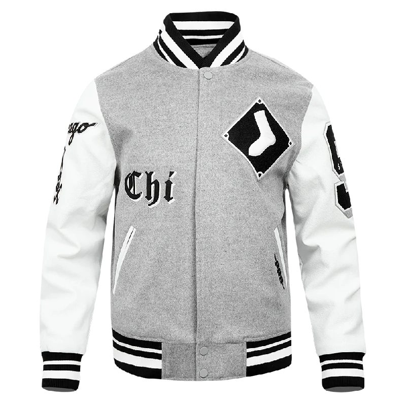 MLB CHICAGO WHITE SOX OLD ENGLISH MEN'S RIB WOOL VARSITY JACKET (HEATHER GREY/WHITE/BLACK)