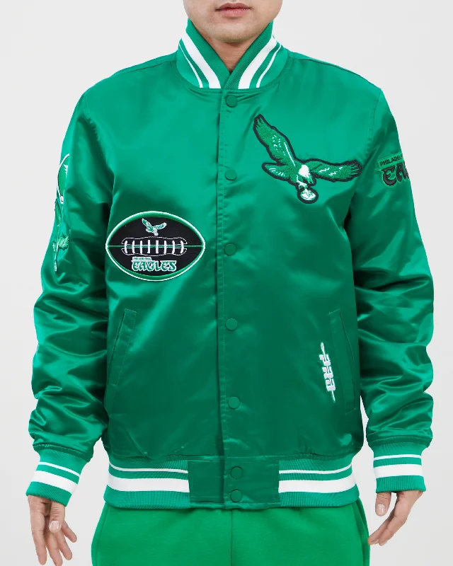 NFL PHILADELPHIA EAGLES VINTAGE OLD ENGLISH MEN'S RIB SATIN JACKET (KELLY GREEN)