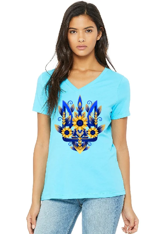 Female fit v-neck t-shirt "Sunflower Tryzub"